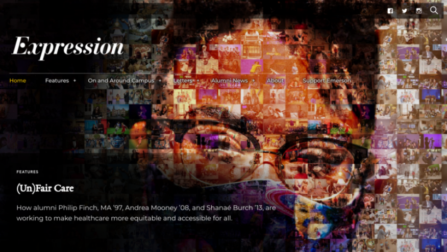 Screenshot of the front page of Expression website which is a composite image of a student wearing a mask with overlaid text that says Expression
