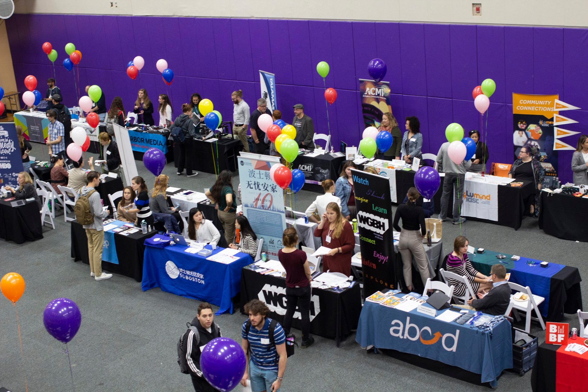 Overhead shot of students and employers at the Internship Fair