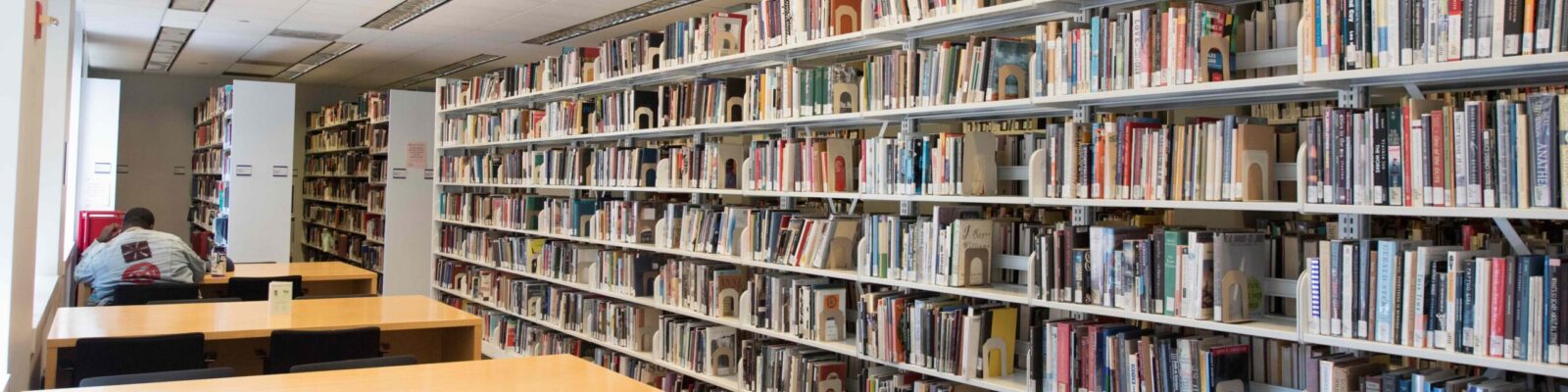 A quiet library space with rows of bookshelves and empty study tables, where one person is seated and working near the window.